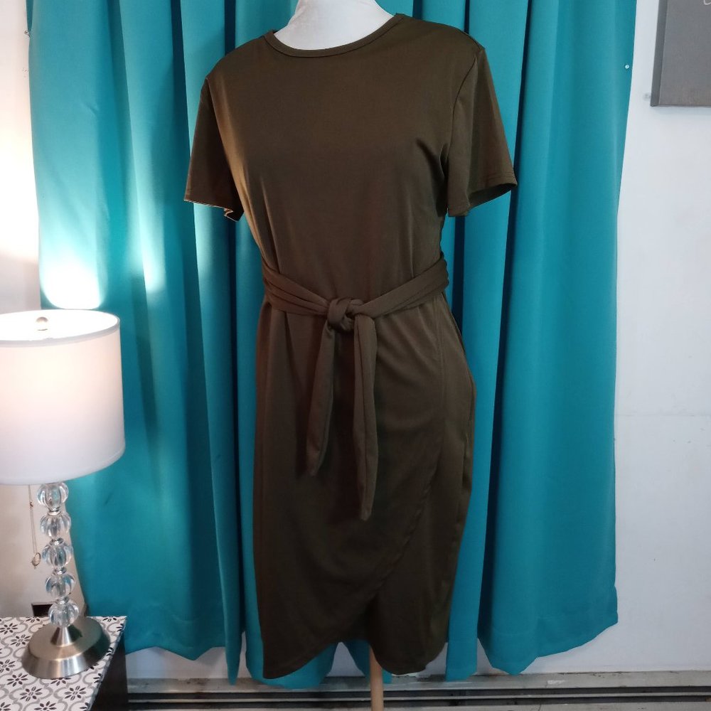 Olive green Shein Curve Olive Green Belted Faux Wrap Dress